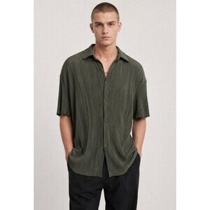 Zara Shirt Mens Green Ottoman Plisse Pleated Button Short Sleeve Oversized Sz XL